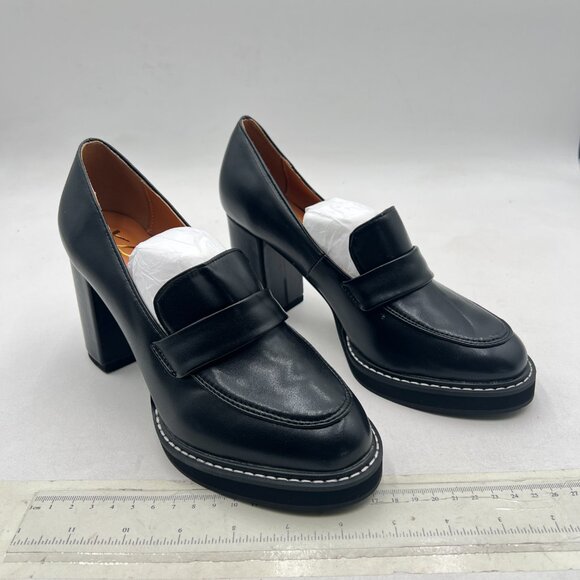 YDN Black Penny Loafers Round Closed Toe Platform Chunky High Heel Slip On Pumps - Picture 4 of 8